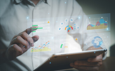 Wall Mural - young entrepreneur using big data analysis and cloud technology to collect customer data and display