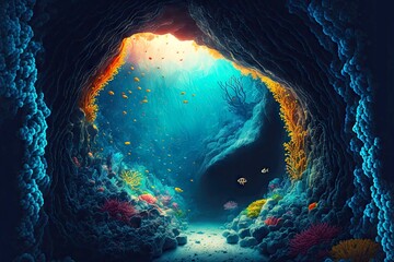 Wall Mural - coral reefs marine life journey to bottom of underwater cave in ocean, created with generative ai