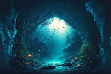 mysterious dark underwater cave with reefs journey to bottom of sea, created with generative ai