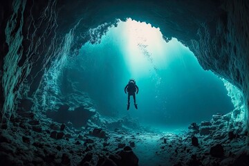 Wall Mural - dark mysterious underwater cave diving to bottom of ocean, created with generative ai