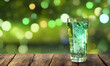 glass of water on the old table, green background, generated in AI