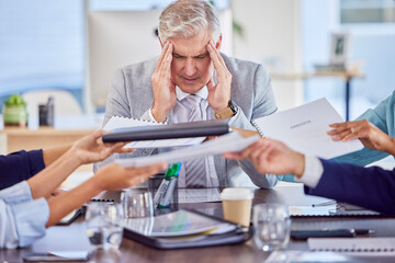 Poster - Businessman in meeting with headache pain, burnout or stress with mental health emergency in work office. Senior company manager with anxiety, hands and frustrated with migraine problems or fatigue