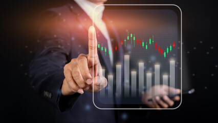 Wall Mural - investment stock market concept, stock investor businessman touching virtual screen chart