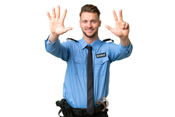 Sticker - Young police man over isolated background counting eight with fingers