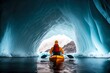 extreme journey to ice cave by boat winter kayaking in antarctica, created with generative ai