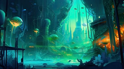 Wall Mural - An underwater cityscape filled with bioluminescent creatures. Fantasy, panoramic shot, deep in the ocean, mysterious atmosphere. Digital Illustration with vibrant and glowing colors. Generative AI