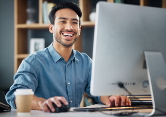 Computer, research and business man in office working online for information technology, internet or global digital company. Asian person or worker planning, reading or editing report on desktop pc