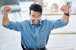 © Allistair/peopleimages.com - Winner, success and happy businessman in office, celebrating and excited for email, review or loan approval. Hands, celebration and corporate male online winner with emoji, wow or winning gesture