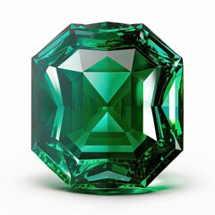 Wall Mural - Front view of shining bright emerald gemstone illustration on a white background. AI generative.