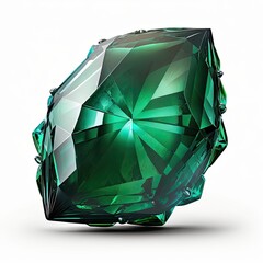 Wall Mural - Front view of shining bright emerald gemstone illustration on a white background. AI generative.