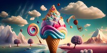 Fantasy Colorful Sweet Magical Landscape Of Ice Cream Ai Generative