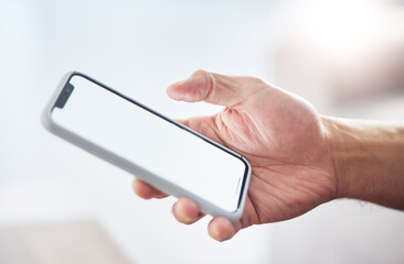 Poster - Hands, phone and mockup screen for communication, advertising or digital marketing and networking. Hand holding smartphone with copy space display for mobile app, logo branding or advertisement