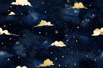 Wall Mural - Generative AI illustration dark blue seamless pattern with gold foil constellations, stars and clouds. Watercolor background of the night sky.