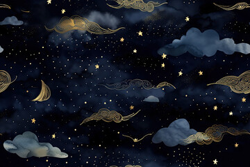 Generative AI illustration dark blue seamless pattern with gold foil constellations, stars and clouds. Watercolor background of the night sky.