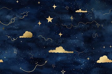 Wall Mural - Generative AI illustration dark blue seamless pattern with gold foil constellations, stars and clouds. Watercolor background of the night sky.