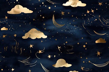 Wall Mural - Generative AI illustration seamless pattern of the night sky with gold foil constellations, stars and clouds. Watercolor background of the night sky.