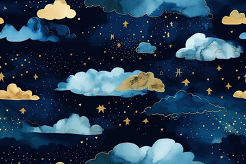 Generative AI illustration dark blue seamless pattern with gold foil constellations, stars and clouds. Watercolor background of the night sky.