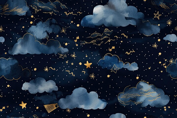 Wall Mural - Generative AI illustration seamless pattern of the night sky with gold foil constellations, stars and clouds. Watercolor background of the night sky.