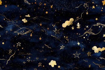 Wall Mural - Generative AI illustration seamless pattern of the night sky with gold foil stars and clouds. Watercolor background of the night sky.