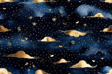 Wall Mural - Generative AI illustration seamless pattern of the night sky with gold foil stars and clouds. Watercolor background of the night sky.