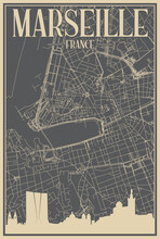 Grey Hand-drawn Framed Poster Of The Downtown MARSEILLES, FRANCE With Highlighted Vintage City Skyline And Lettering