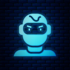 Sticker - Glowing neon Thief mask icon isolated on brick wall background. Bandit mask, criminal man. Vector