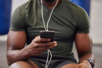 Poster - Phone, music and man hands in gym for workout, search social media and online training podcast. Closeup sports person, smartphone and listening with earphones on mobile, exercise app and connection