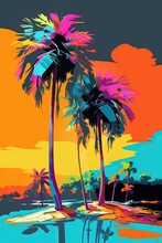 Pop Art Island With Coconut Tree.Generative Ai