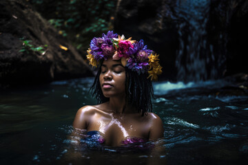 Beautiful black girl wearing colorful flower wreath swim and bathe in waterfalls nature with copy space, generative ai