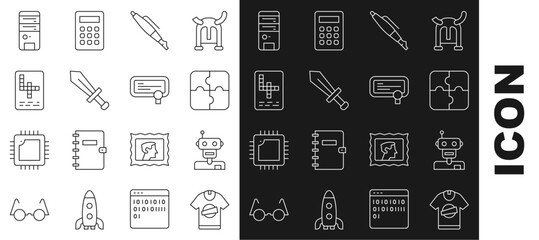 Sticker - Set line T-shirt, Robot, Piece of puzzle, Fountain pen nib, Sword for game, Crossword, Computer and Certificate template icon. Vector