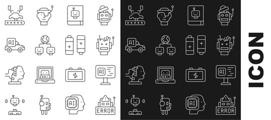 Set line Error in robot, Software, Broken, User manual, Artificial intelligence, Autonomous smart car, Robotic arm factory and Battery icon. Vector