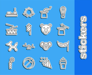 Sticker - Set line Ice cream, Festive mask, Magic hat and wand, Magician, Firework rocket, Drum with drum sticks, Bumper car and Bear head icon. Vector