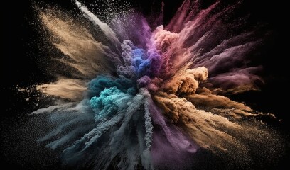 Poster -  a multicolored explosion of powder in the dark background.  generative ai