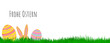 Transparent png frame with green grass, easter bunny and easter eggs. White space for content. White space for your content. Background, backdrop illustration for easter or spring banners or greetings