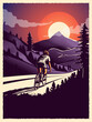 Vintage styled cycling poster with cyclist in action on mountain background. Colorful poster for competition or championship or marathon or other cycling event. Vector illustration