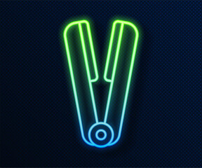 Sticker - Glowing neon line Curling iron for hair icon isolated on blue background. Hair straightener icon. Vector