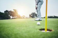 Sports, Golf Hole And Man With Golfing Club On Course Ground For Game, Practice And Training For Competition. Professional Golfer, Grass And Male Athlete Hit Ball For Winning, Score Or Tee Stroke