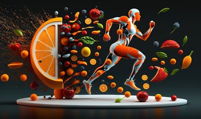 Canvas Print -  an orange and a running skeleton surrounded by fruits and vegetables.  generative ai