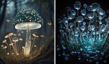  Two Pictures Of Mushrooms With Glowing Lights On Them And One Of Them Is In The Woods.  Generative Ai