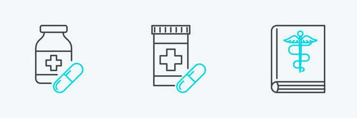 Sticker - Set line Medical book, Medicine bottle and pills and icon. Vector