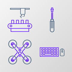 Canvas Print - Set line Keyboard and mouse, Drone flying, Screwdriver and Factory conveyor system belt icon. Vector