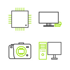 Poster - Set line Computer monitor, Mirrorless camera, Smart Tv and Processor with microcircuits CPU icon. Vector