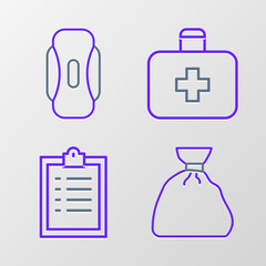 Wall Mural - Set line Garbage bag, Clipboard with checklist, First aid kit and Sanitary napkin icon. Vector