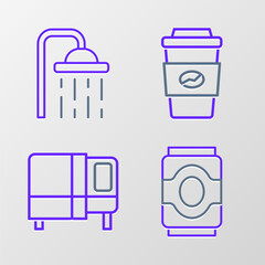 Poster - Set line Soda can, Bed, Coffee cup to go and Shower head icon. Vector