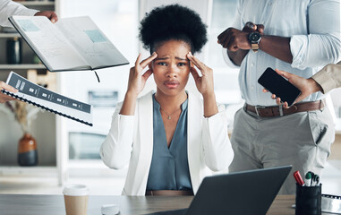 Poster - Stress, headache and portrait of a busy black woman with burnout, management anxiety and tired. Mental health, chaos and an African employee with people for work, migraine pain and overworked