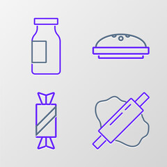 Sticker - Set line Rolling pin on dough, Candy, Homemade pie and Bottle with milk icon. Vector