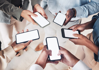 Aufkleber - Smartphone screen mockup, circle or hands of business people on social media searching online news. Mobile app post, digital internet website tech or group community typing, networking or chatting