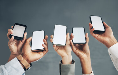 Aufkleber - Business people, hands or phone screen on mockup space networking, advertising or digital marketing. Team of employees with online product placement on mobile application display or internet website