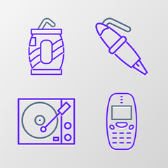 Canvas Print - Set line Old mobile phone, Vinyl player, Fountain pen nib and Soda can with straw icon. Vector