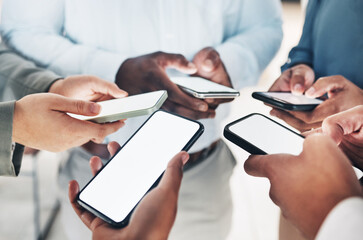 Aufkleber - Mobile screen mockup, circle or hands of business people on social media searching online news. Cellphone app post, digital internet website or group chat community typing, networking on technology